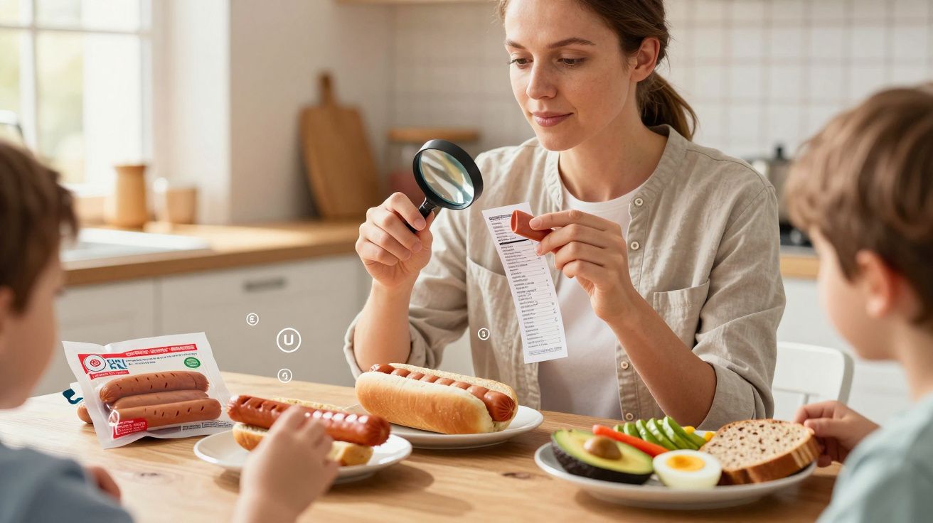 Mulher examina etiqueta nutricional com lupa enquanto crianças comem cachorro-quente à mesa de cozinha.