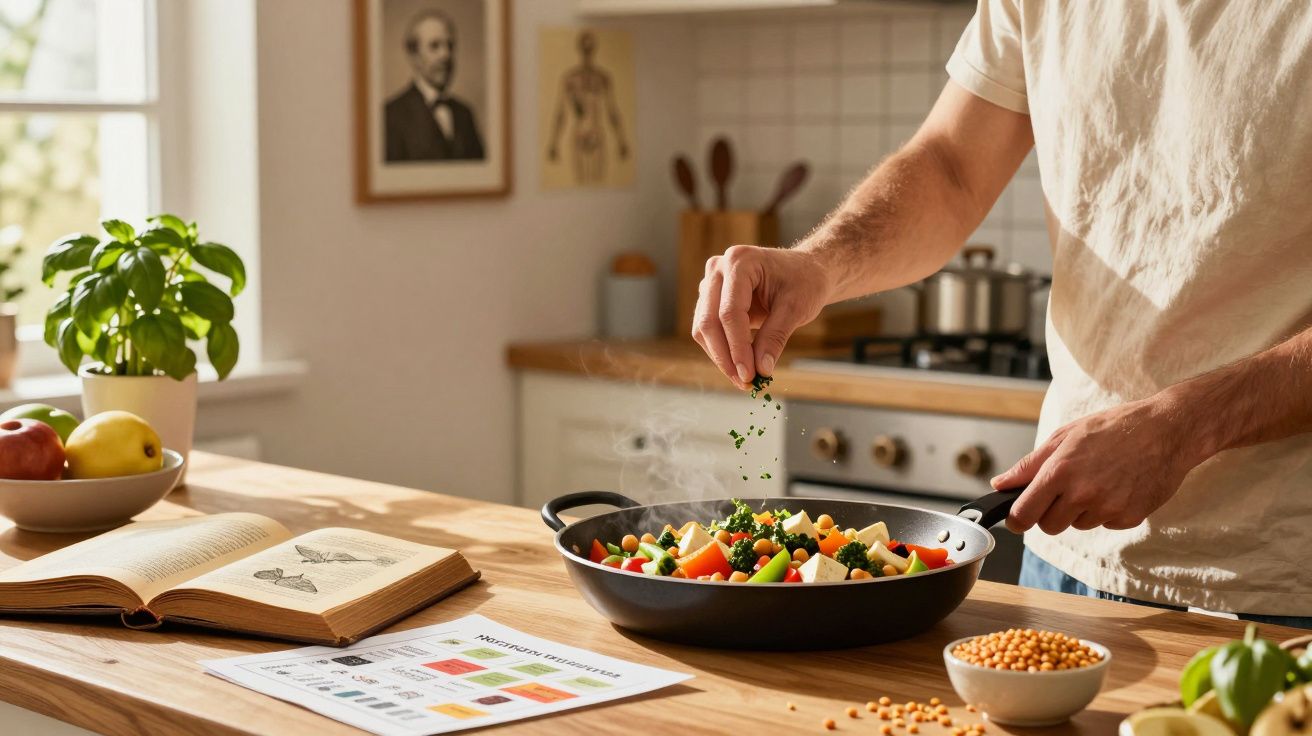 Pessoa a temperar legumes frescos numa frigideira numa cozinha iluminada e organizada.