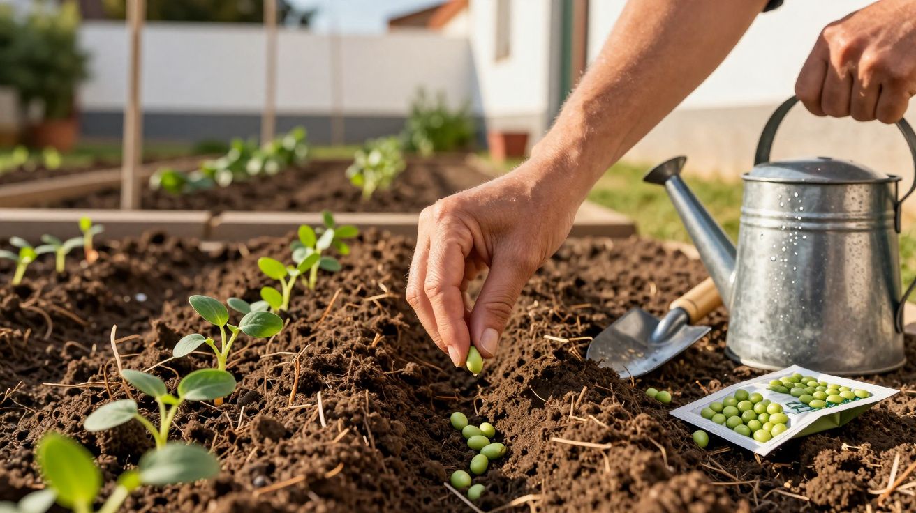 Pessoa a plantar sementes verdes na terra numa horta caseira com regador e enxada.