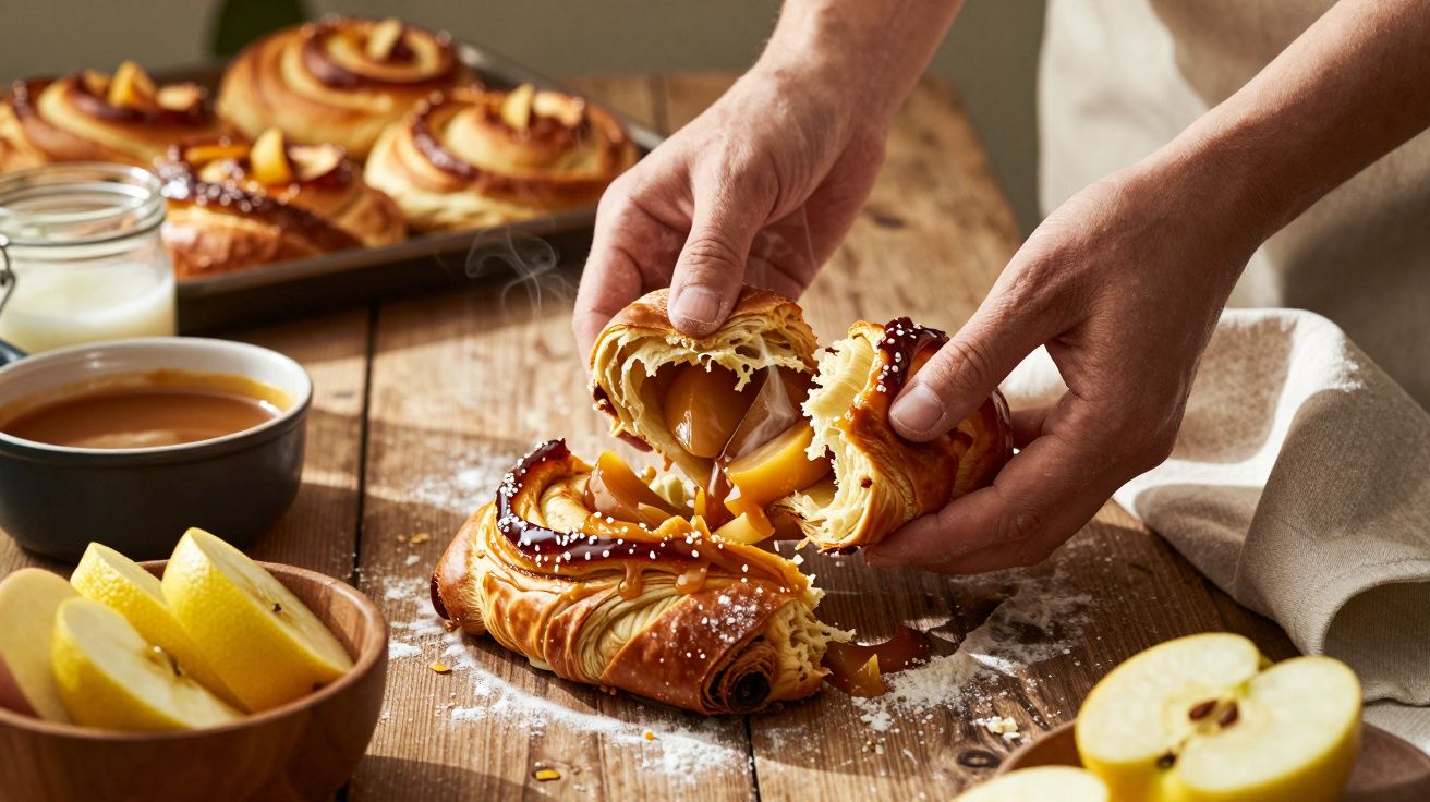 Mãos a abrir um folhado recheado com caramelo, em mesa rústica com chávena de café e fatias de maçã.