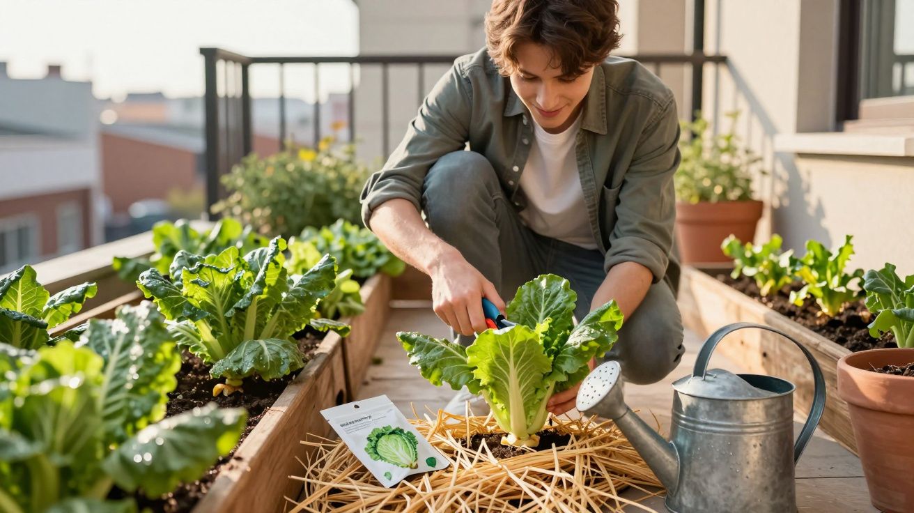 Jovem cuida de alface num jardim urbano com canteiros de madeira numa varanda ensolarada.