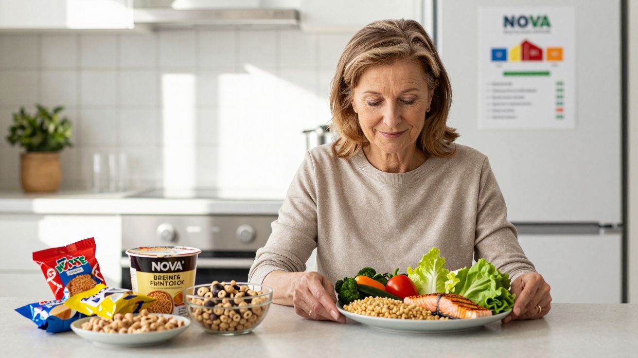 Mulher sorridente numa cozinha com pratos de comida saudável num balcão, incluindo legumes, peixe e cereais.