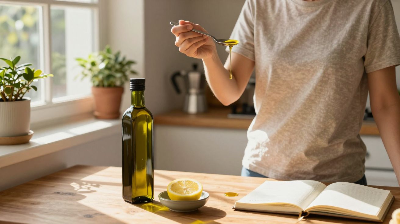 Pessoa a verter azeite de colher sobre uma mesa com garrafa, limão cortado e livro aberto numa cozinha iluminada.