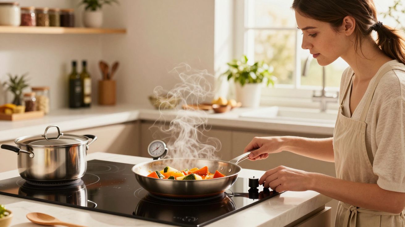 Mulher a cozinhar legumes numa frigideira num fogão com vapor a sair na cozinha moderna e luminosa.