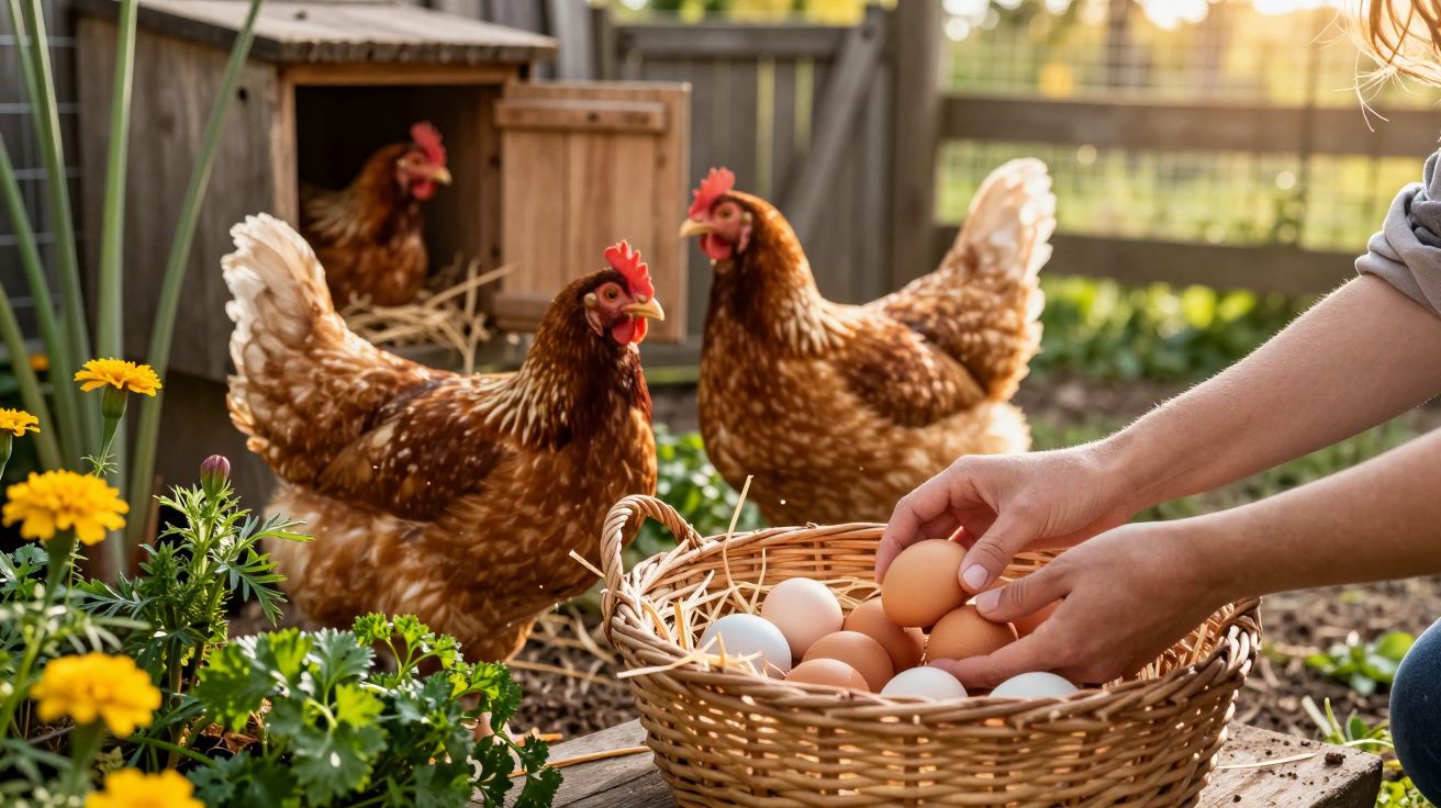 Pessoa a apanhar ovos num cesto com três galinhas castanhas num galinheiro ao ar livre.