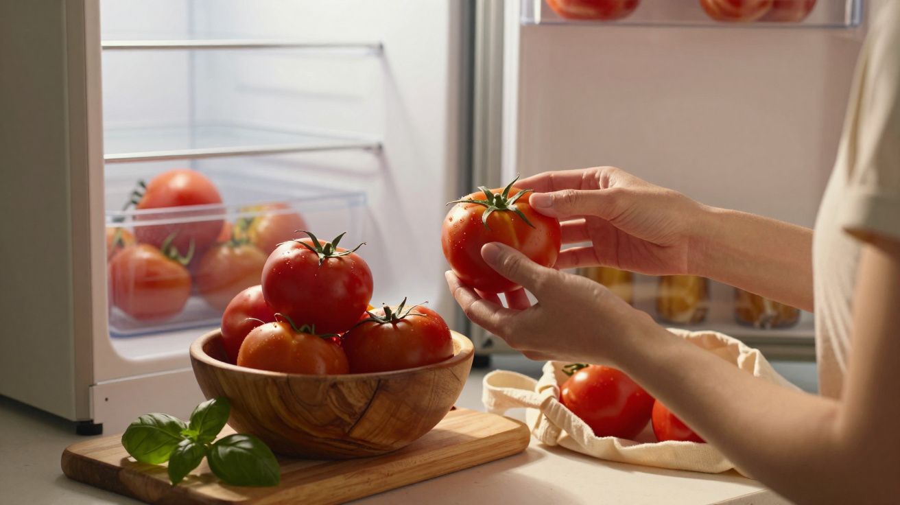 Mãos a retirar tomate maduro do frigorífico, cesto de madeira com tomates e manjericão na bancada.