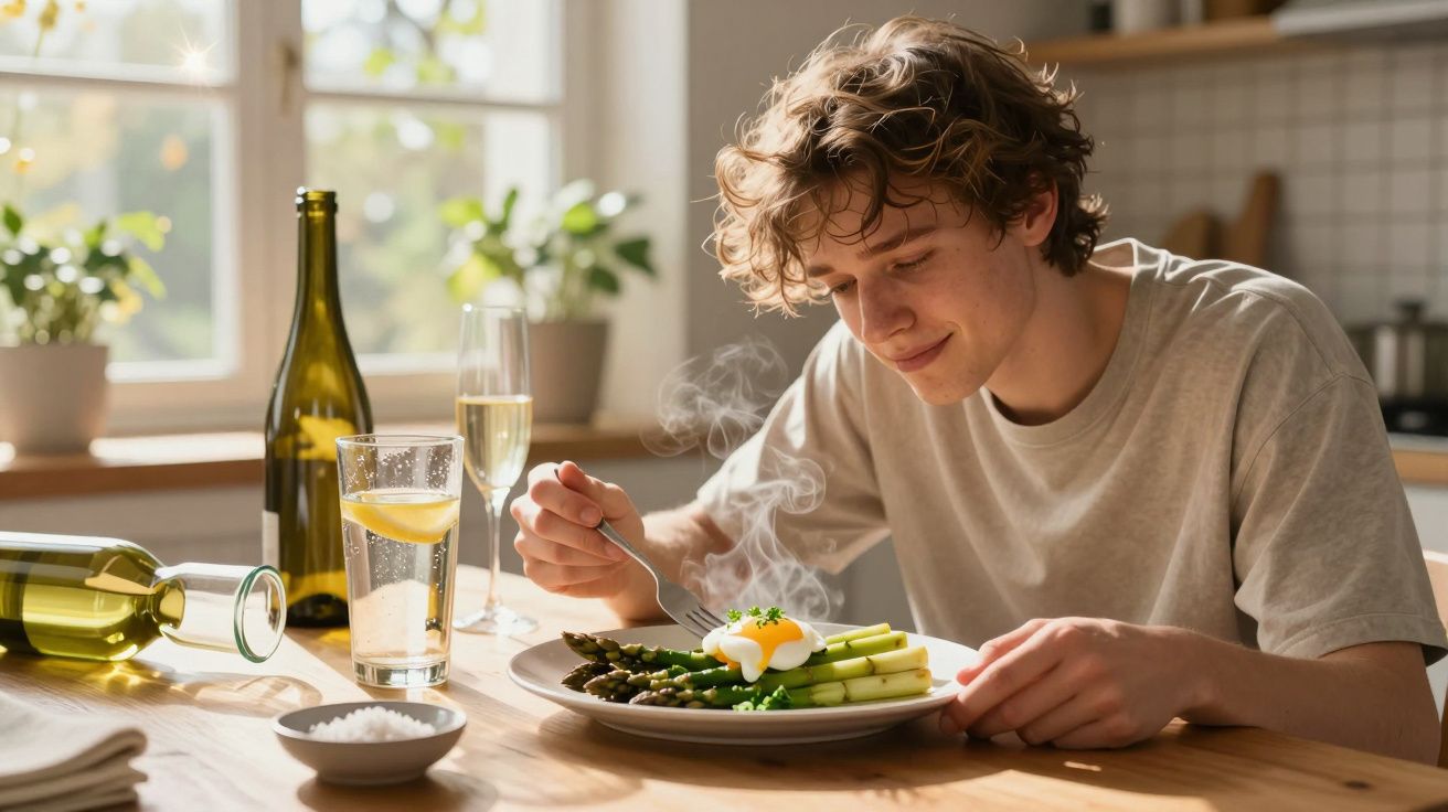 Jovem a saborear prato quente de espargos e ovo escalfado numa cozinha iluminada pela luz natural.