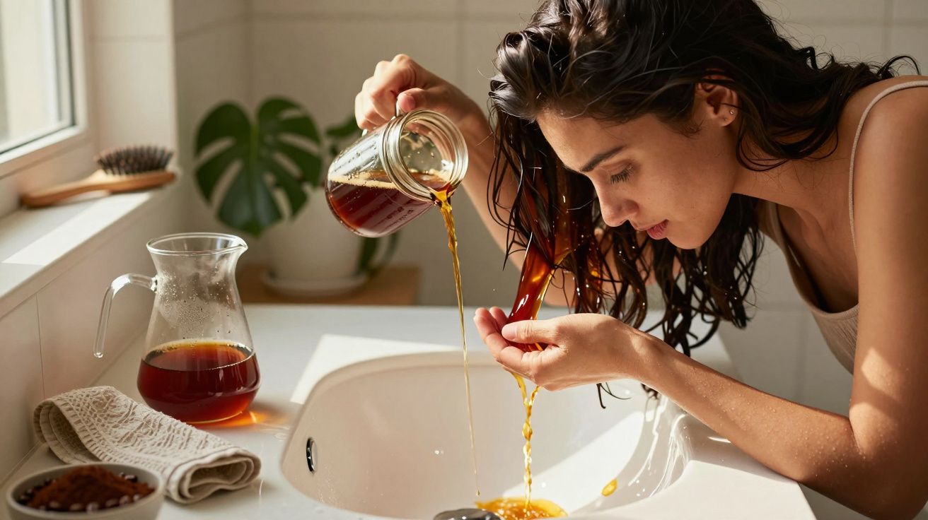 Mulher a enxaguar o cabelo com chá enquanto está inclinada sobre uma pia numa casa de banho iluminada.