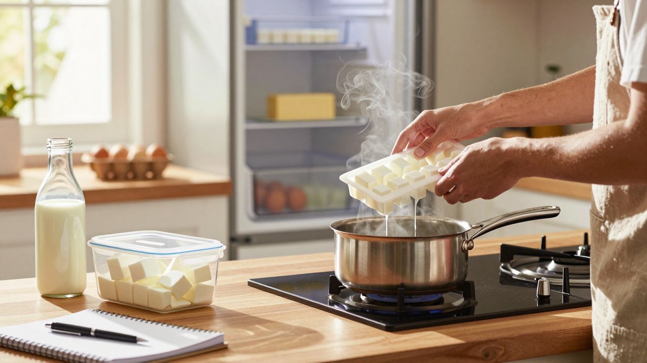 Pessoa a derreter pedaços de manteiga numa panela sobre o fogão numa cozinha luminosa.