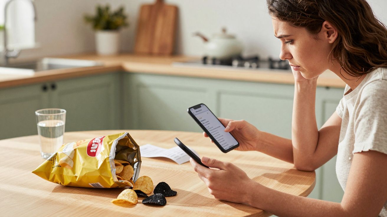 Mulher preocupada sentada na cozinha a olhar para o telemóvel com saco de batatas e copo de água na mesa.