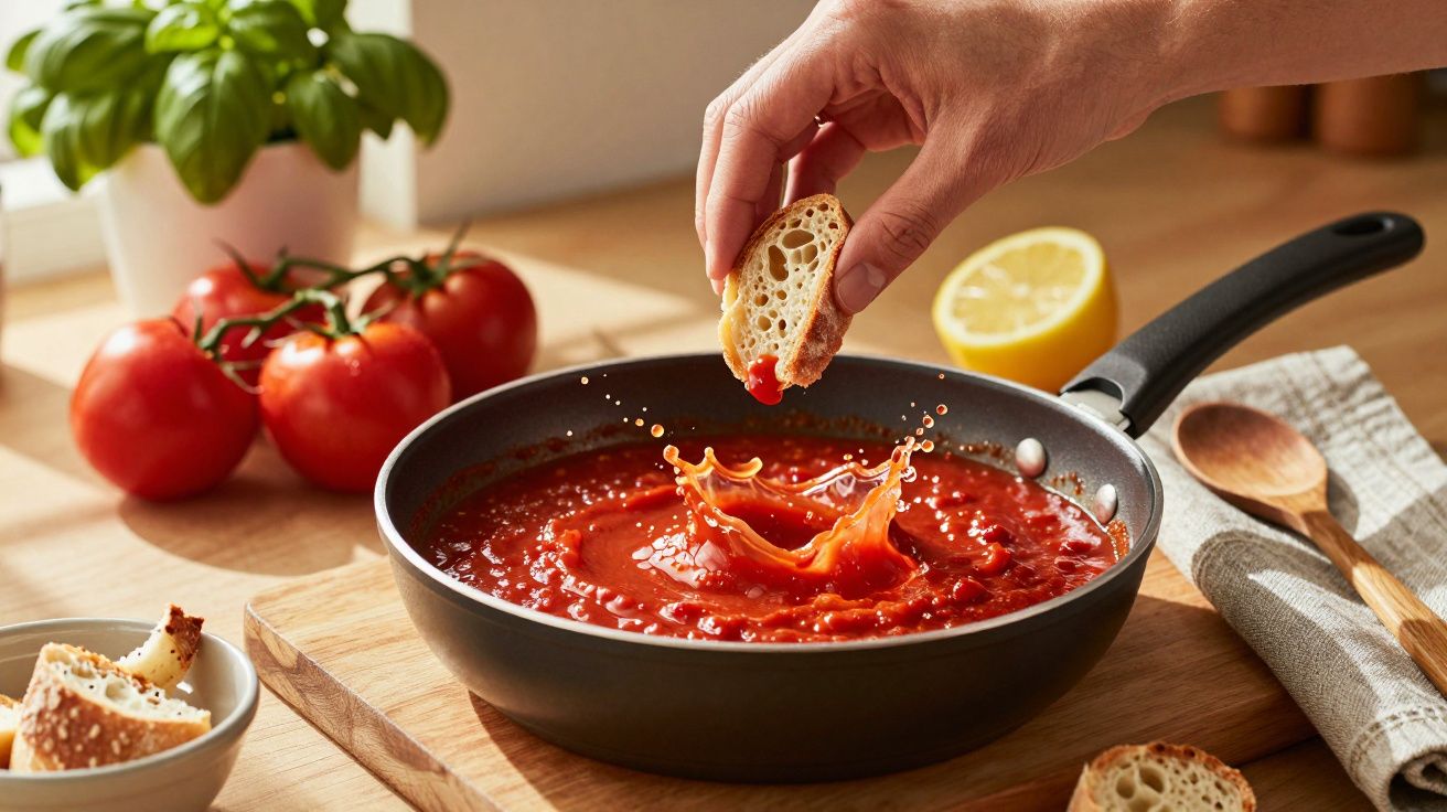 Mão a mergulhar pão em molho de tomate numa frigideira, com tomates, limão e ervas ao fundo.