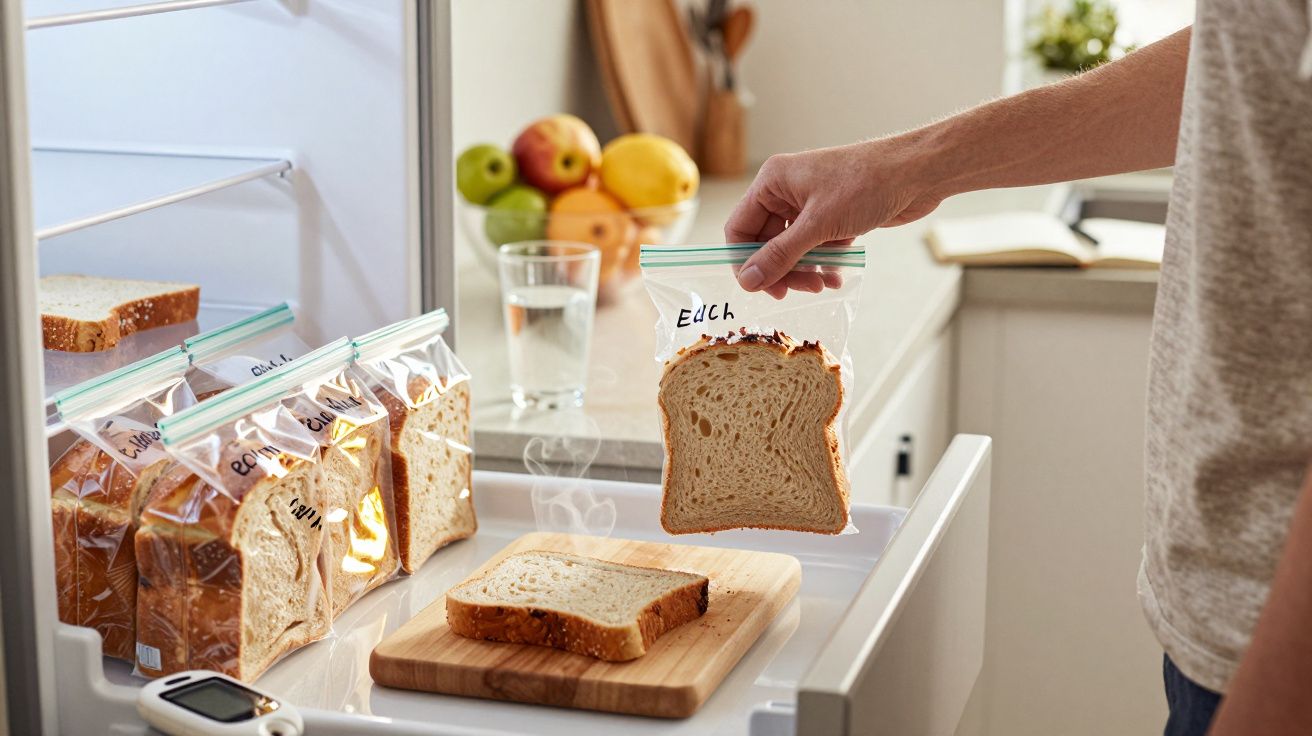Pessoa a colocar fatias de pão em sacos plásticos dentro do frigorífico, com frutas ao fundo e pão numa tábua.