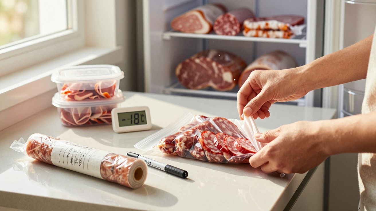 Mãos de uma pessoa a embalar fatias de enchidos num saco plástico, com diversos tipos de carne e termómetro a -18ºC.