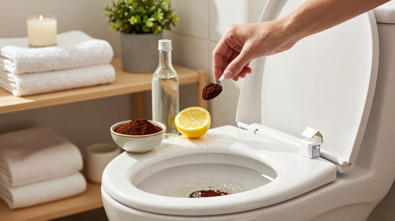 Mão a deitar café moído na sanita, com limão, garrafa de vinagre e toalhas ao fundo.