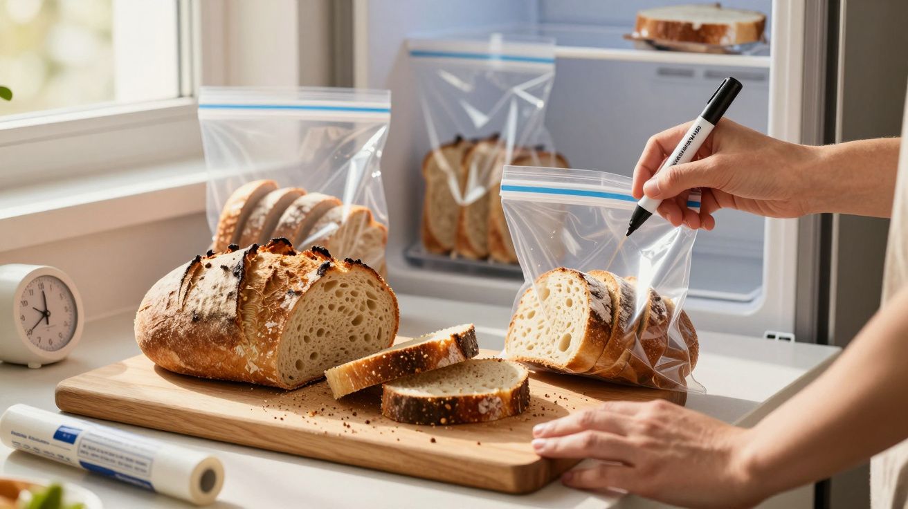 Pão cortado em fatias sendo colocado em sacos plásticos seláveis e etiquetados à mão numa cozinha.