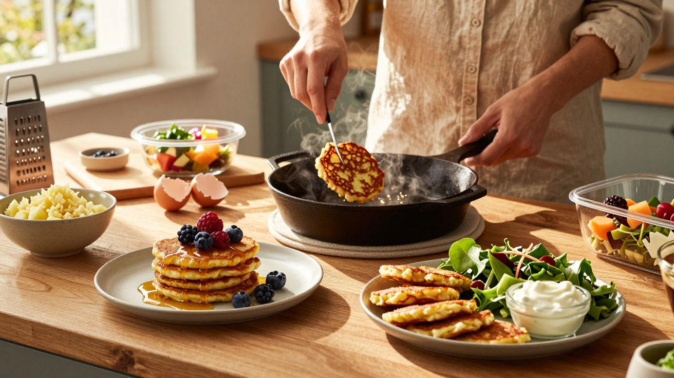 Pessoa a cozinhar panquecas com frutas e salada numa cozinha iluminada e acolhedora.