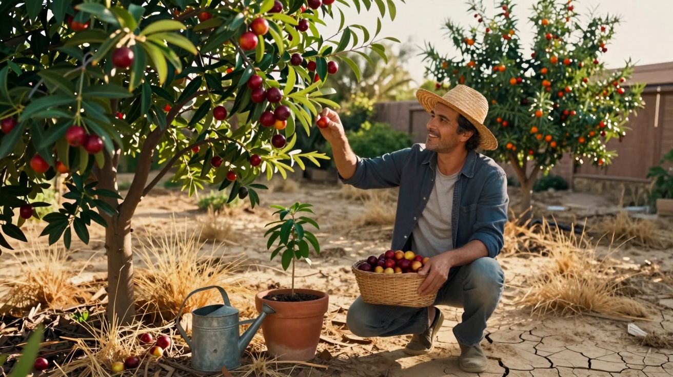 Homem com chapéu de palha colhe frutas vermelhas de uma árvore num pomar seco.