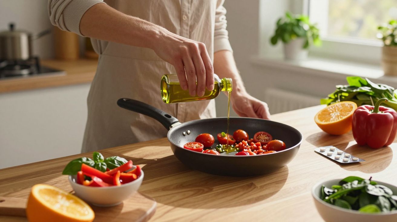 Pessoa a deitar azeite numa frigideira com tomate cereja partida ao meio, rodeada de legumes e frutos.