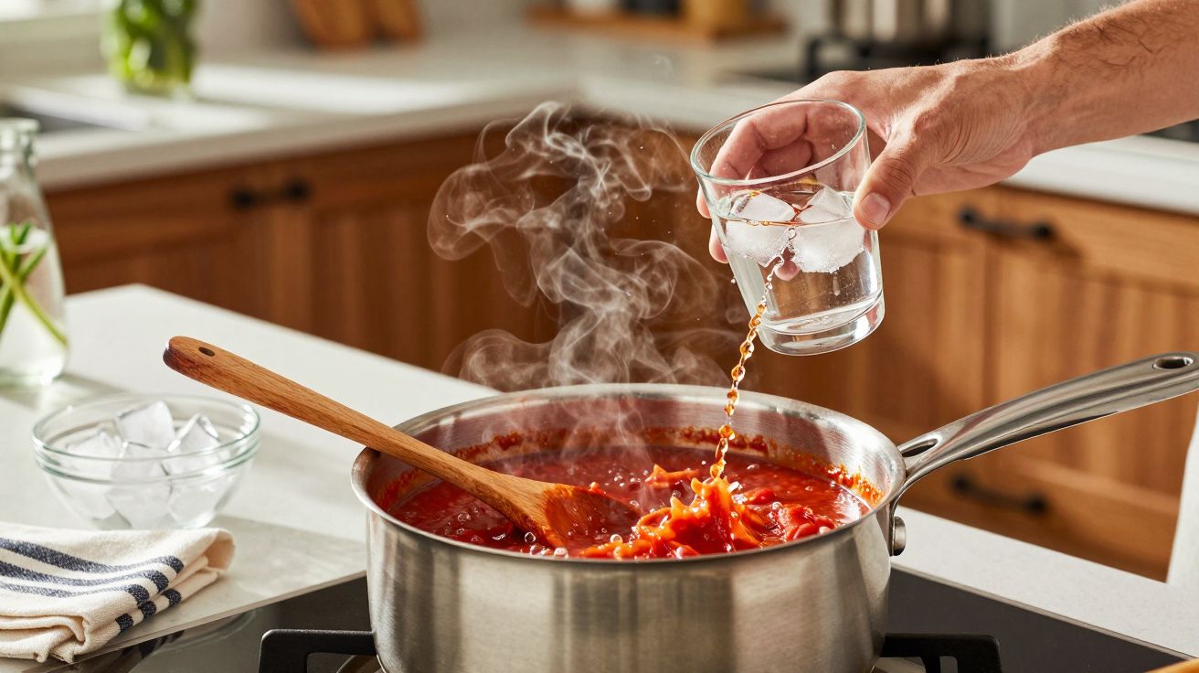 Mão a deitar líquido num tacho com molho de tomate a ferver e colher de pau dentro, na cozinha.