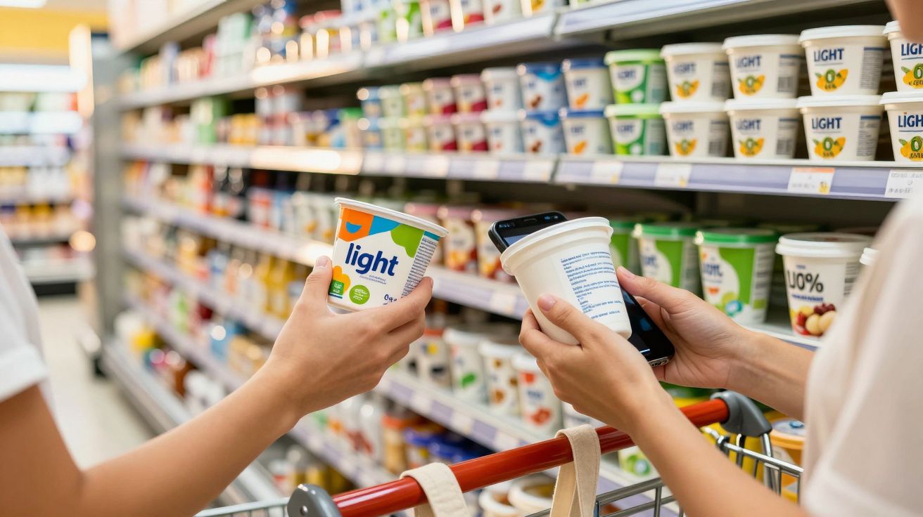 Duas pessoas seguram iogurtes light em supermercado à frente de uma prateleira cheia de produtos semelhantes.