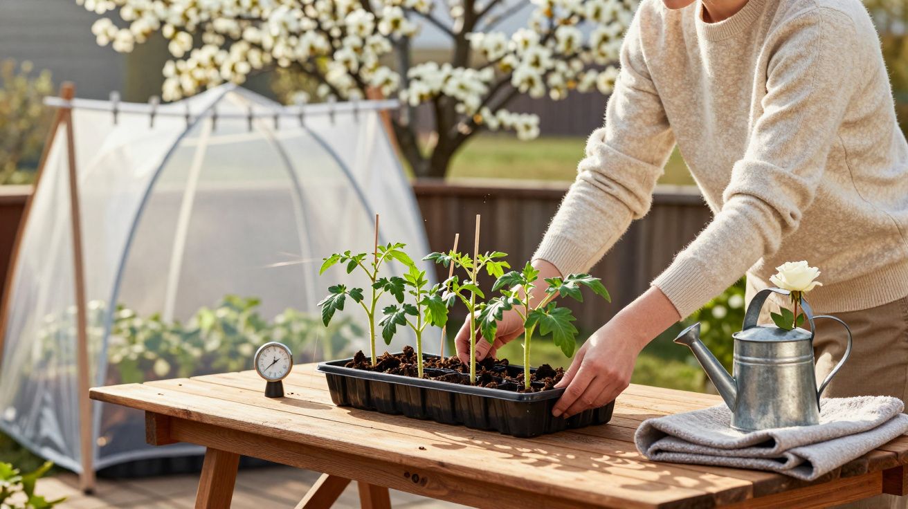 Pessoa a cuidar de mudas de plantas numa mesa de madeira num jardim com regador e estufa ao fundo.