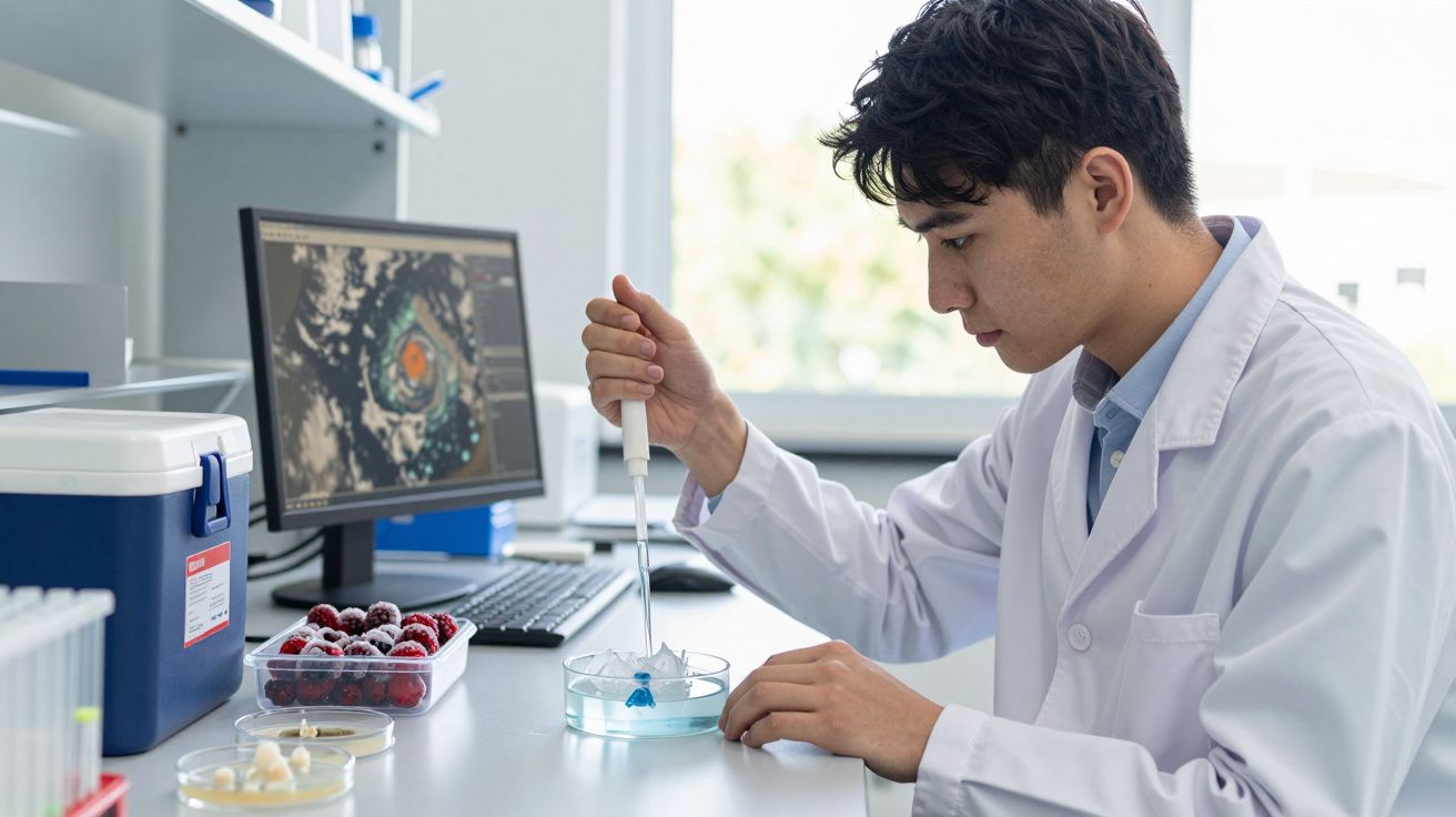 Cientista a trabalhar com pipeta e cultura em laboratório moderno com computador e amostras à volta.