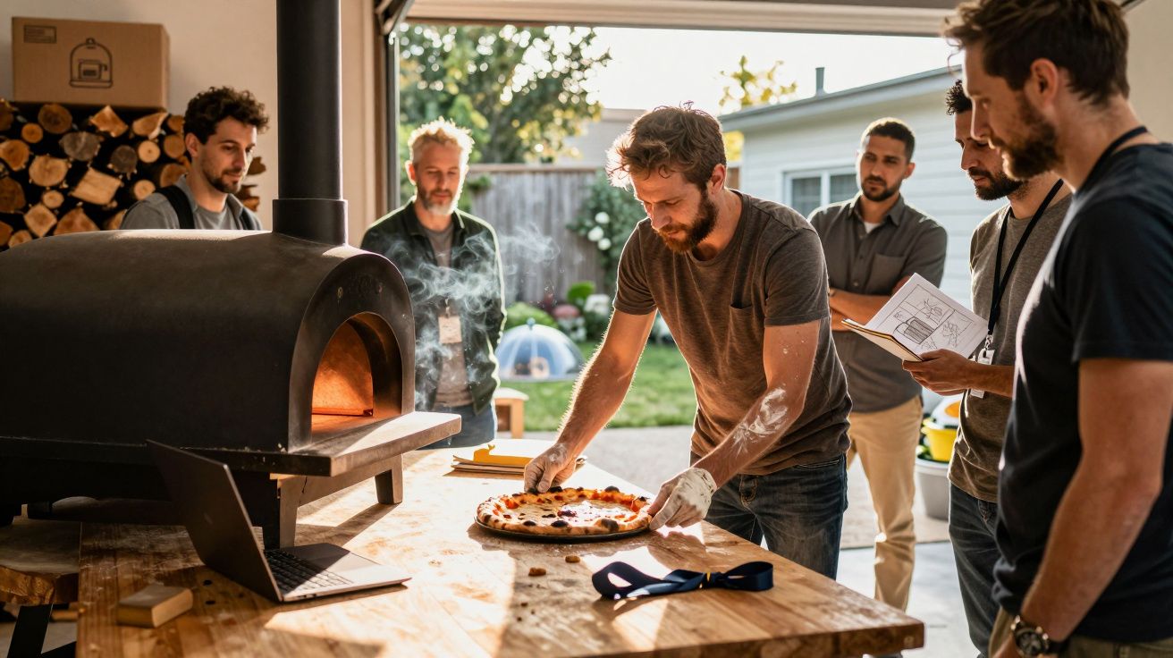 Homem a tirar pizza quente de forno de madeira, com grupo de homens a observar num ambiente exterior.
