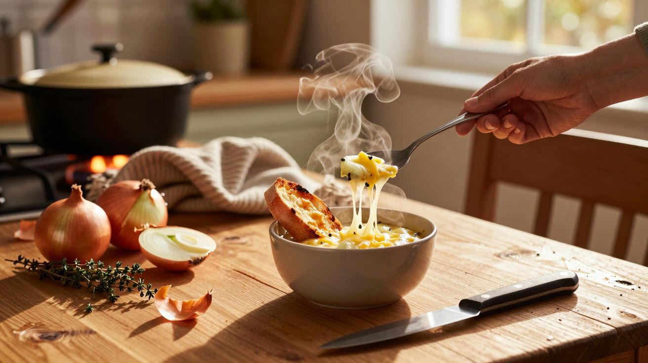 Sopa creme de cebola quente com pão torrado numa mesa de madeira, com uma mão a pegar com uma colher.