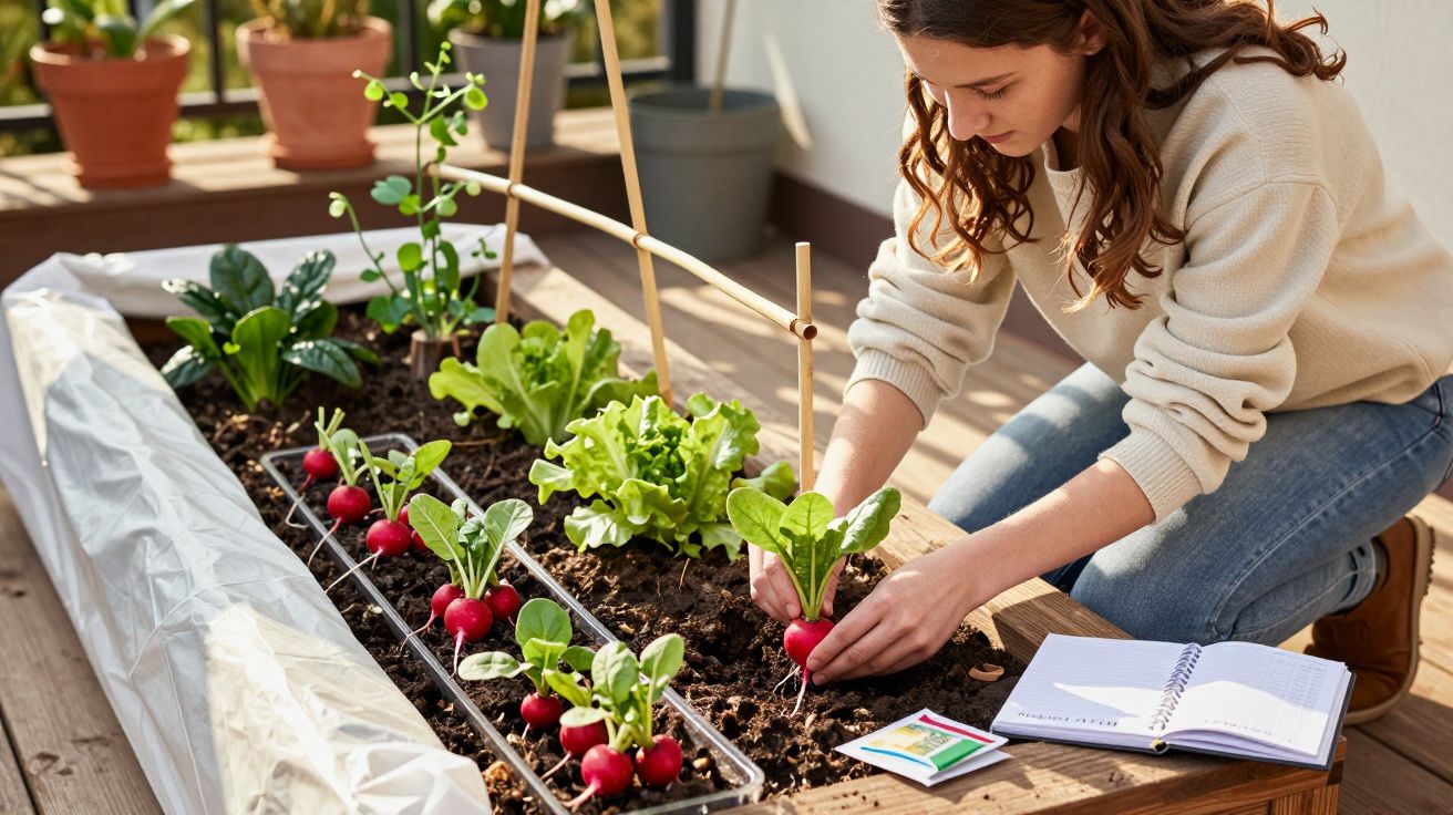 Mulher a colher rabanetes num canteiro elevado numa varanda com luz natural e caderno aberto ao lado.