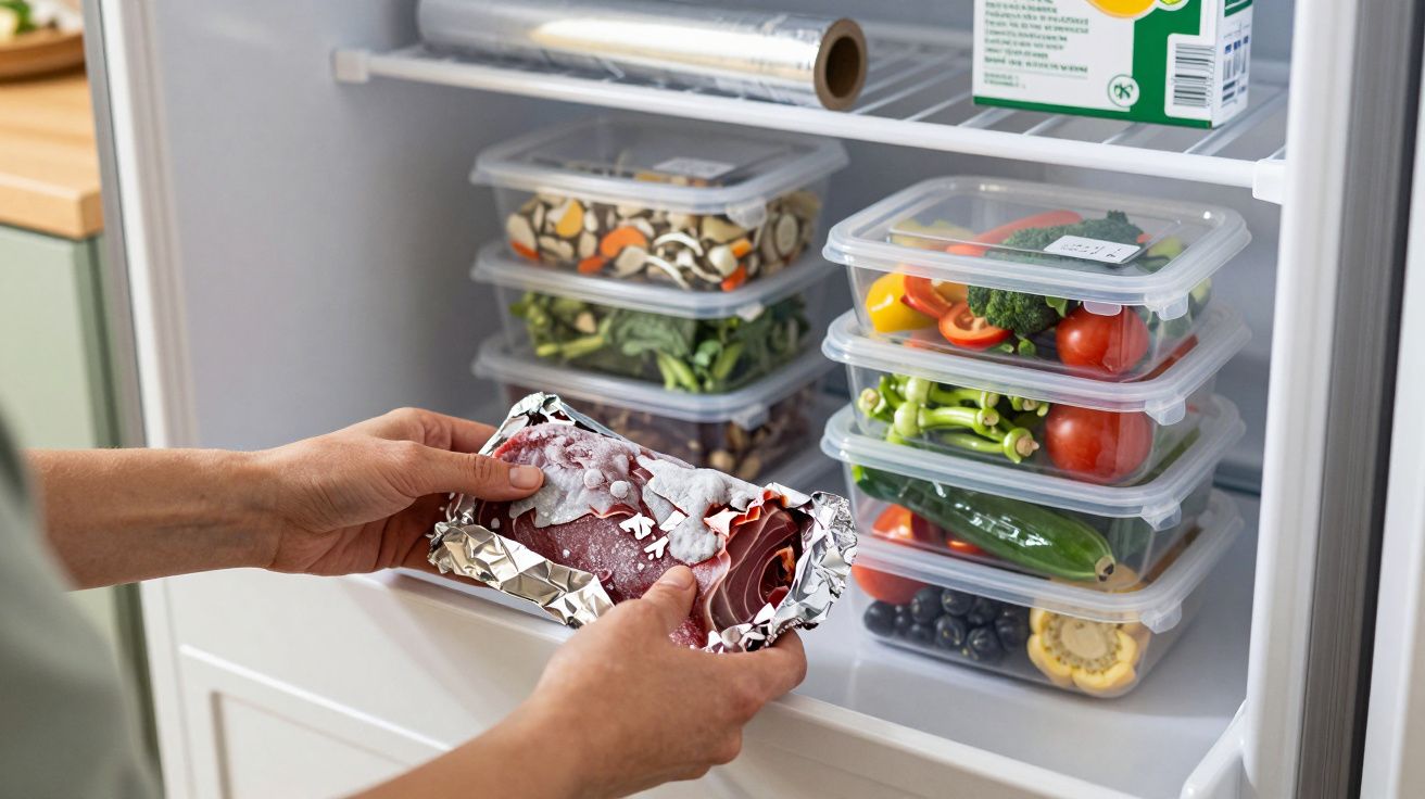 Mãos tiram pedaço de carne congelada de alumínio no frigorífico com legumes em recipientes plásticos.