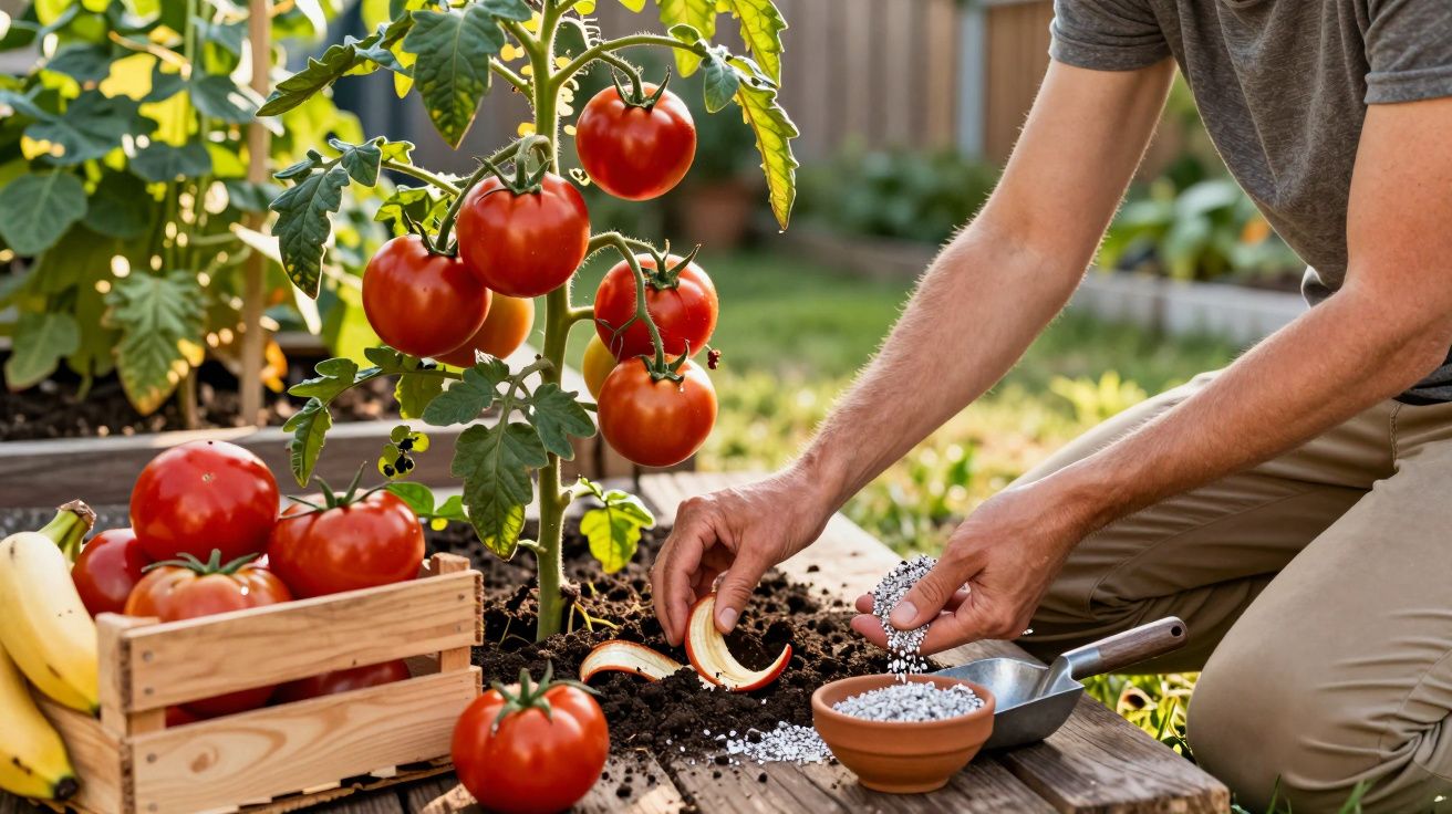 Pessoa a preparar fertilizante com pellets para plantas de tomate num jardim caseiro.