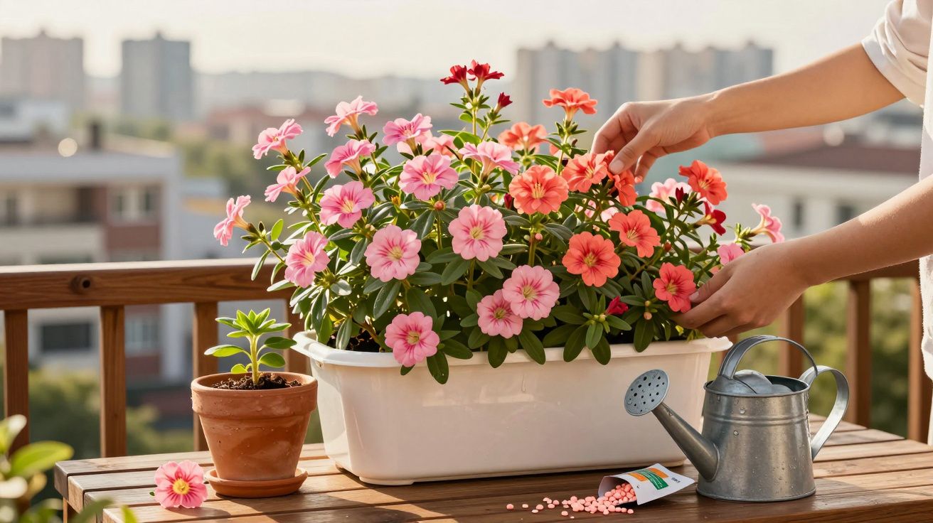 Mãos a cuidar de flores cor-de-rosa e cor de salmão numa varanda com regador e fertilizante perto.