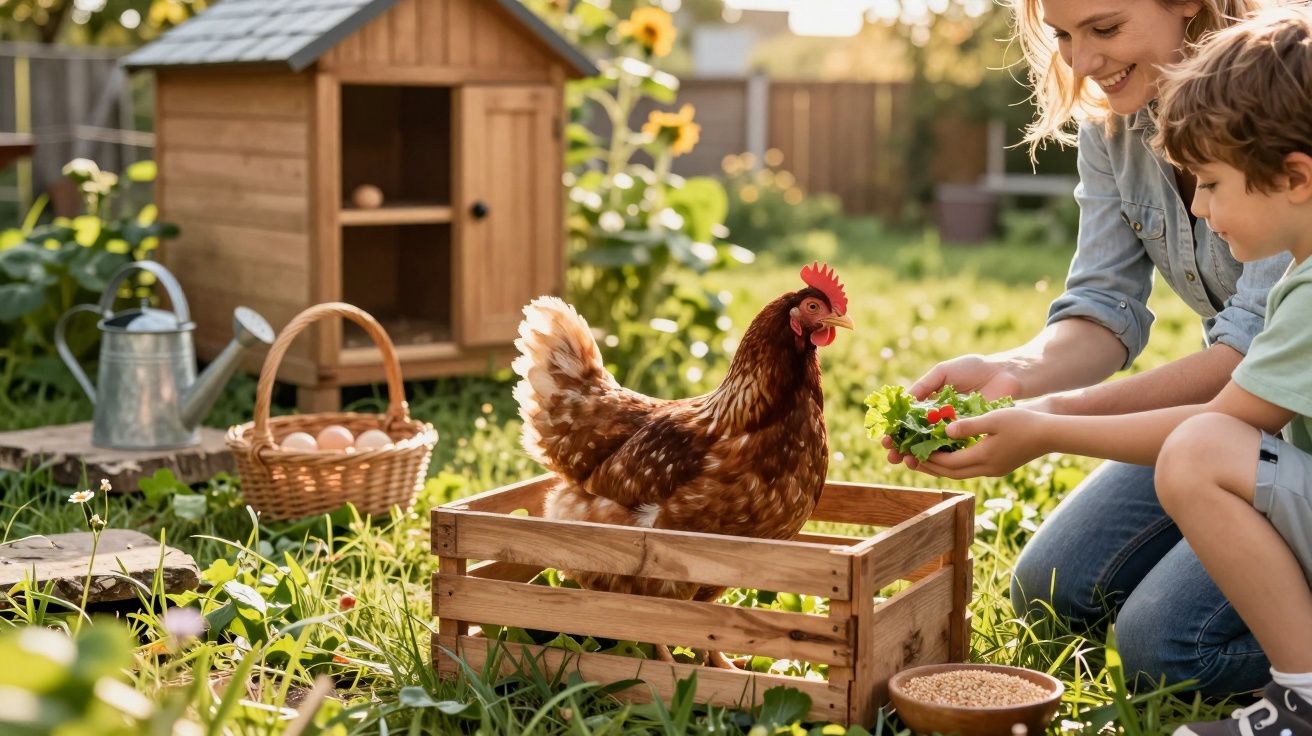 Mulher e criança alimentam uma galinha num jardim com galinheiro e cesta de ovos ao fundo.