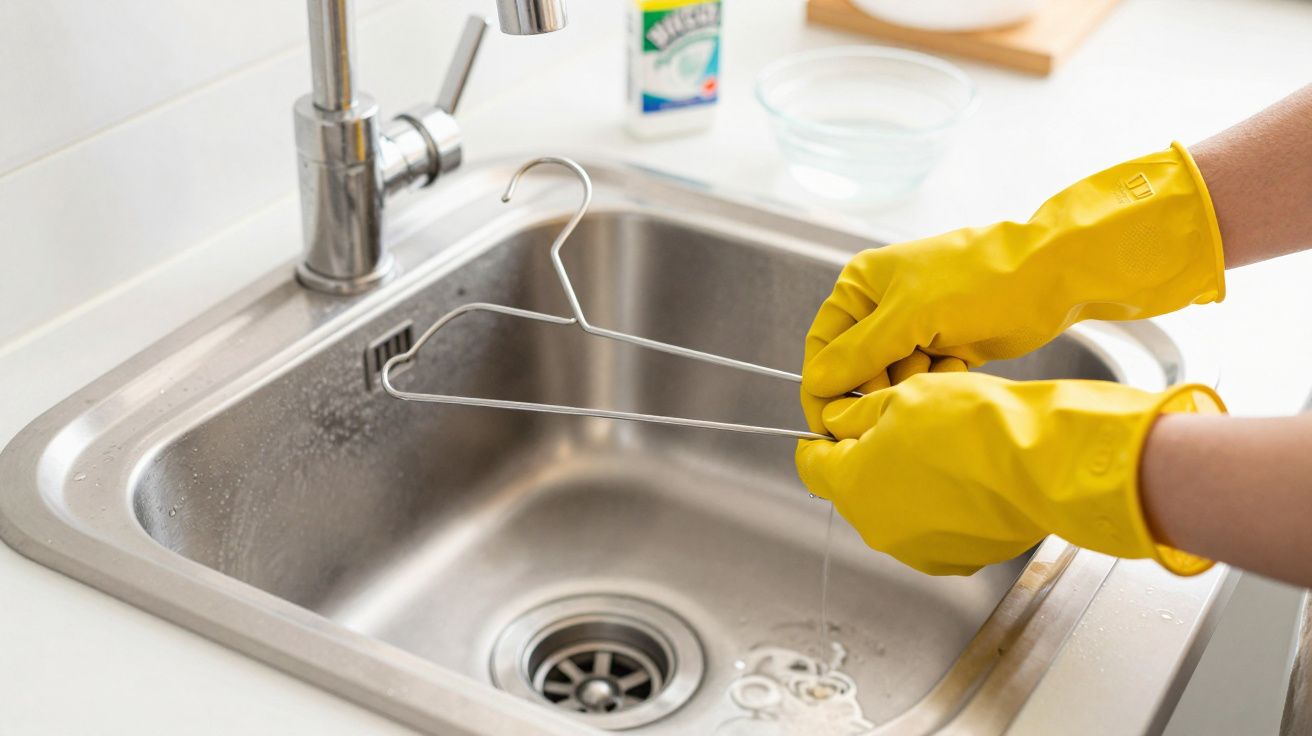 Mãos com luvas amarelas a lavar cabides metálicos numa pia de inox com torneira aberta.