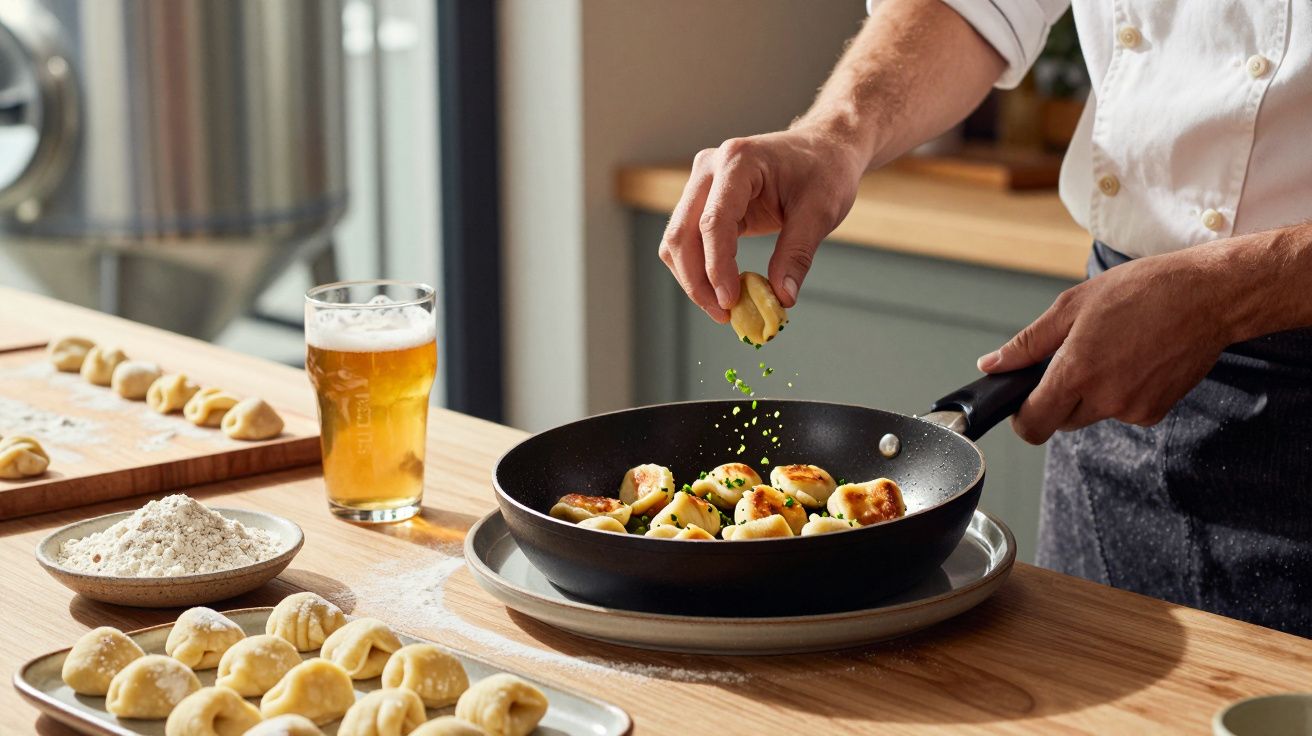 Pessoa a cozinhar nhoques numa frigideira, salpicando ervas frescas numa cozinha com bebida e ingredientes à volta.