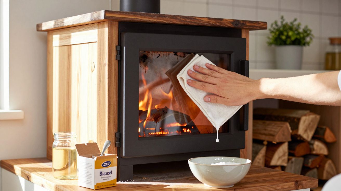 Pessoa a limpar a porta de vidro de uma salamandra acesa com um pano e bicarbonato de sódio ao lado.