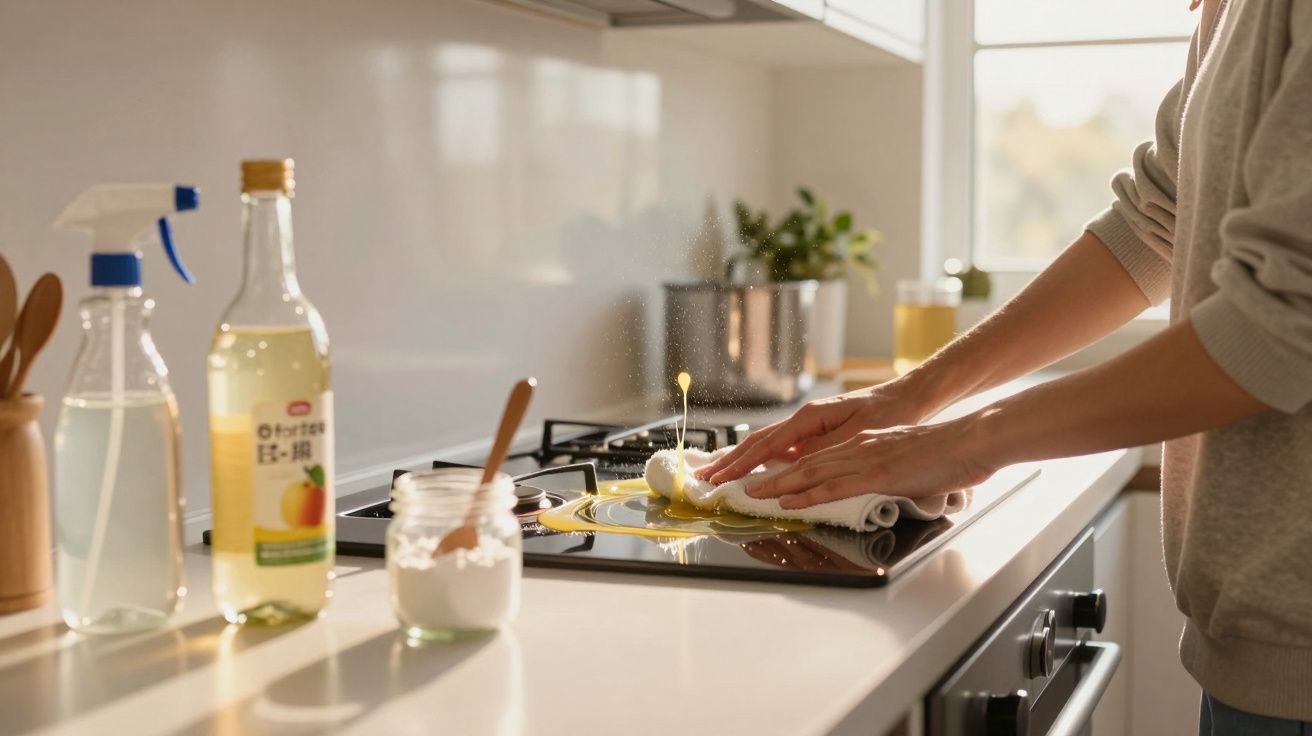 Pessoa a limpar um fogão a gás com um pano, com produtos de limpeza sobre a bancada da cozinha.