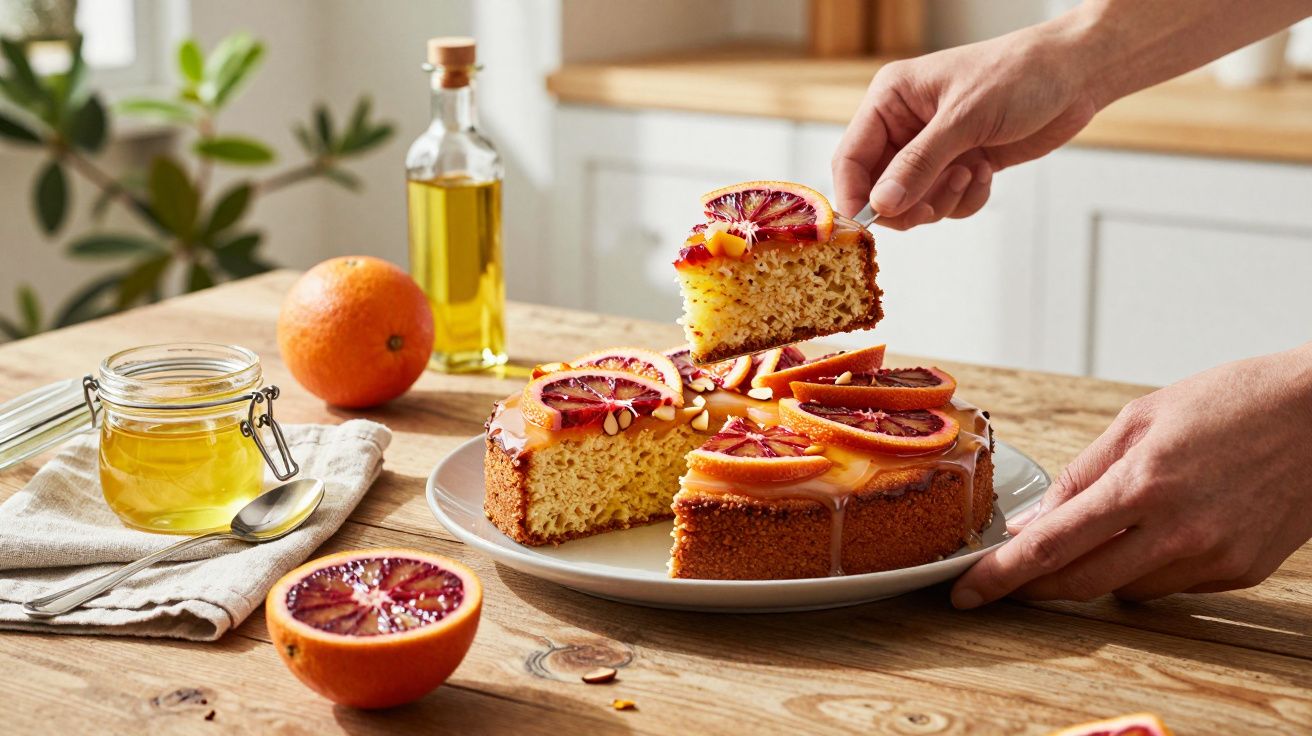 Bolo caseiro decorado com rodelas de laranja sanguínea e mel num prato branco sobre mesa de madeira.