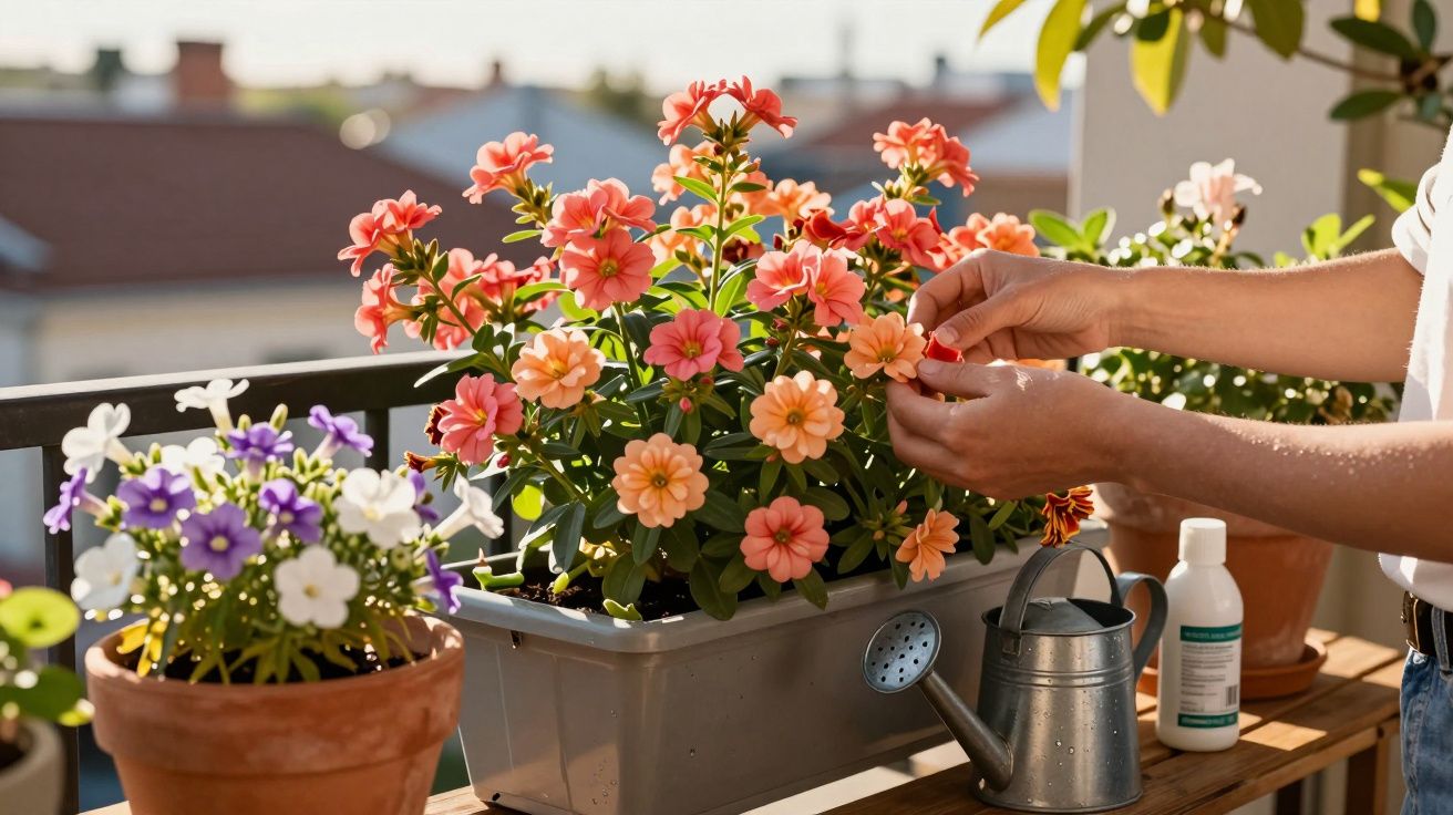 Pessoa a cuidar de flores cor de salmão num vaso, num terraço com regador e garrafa ao lado.