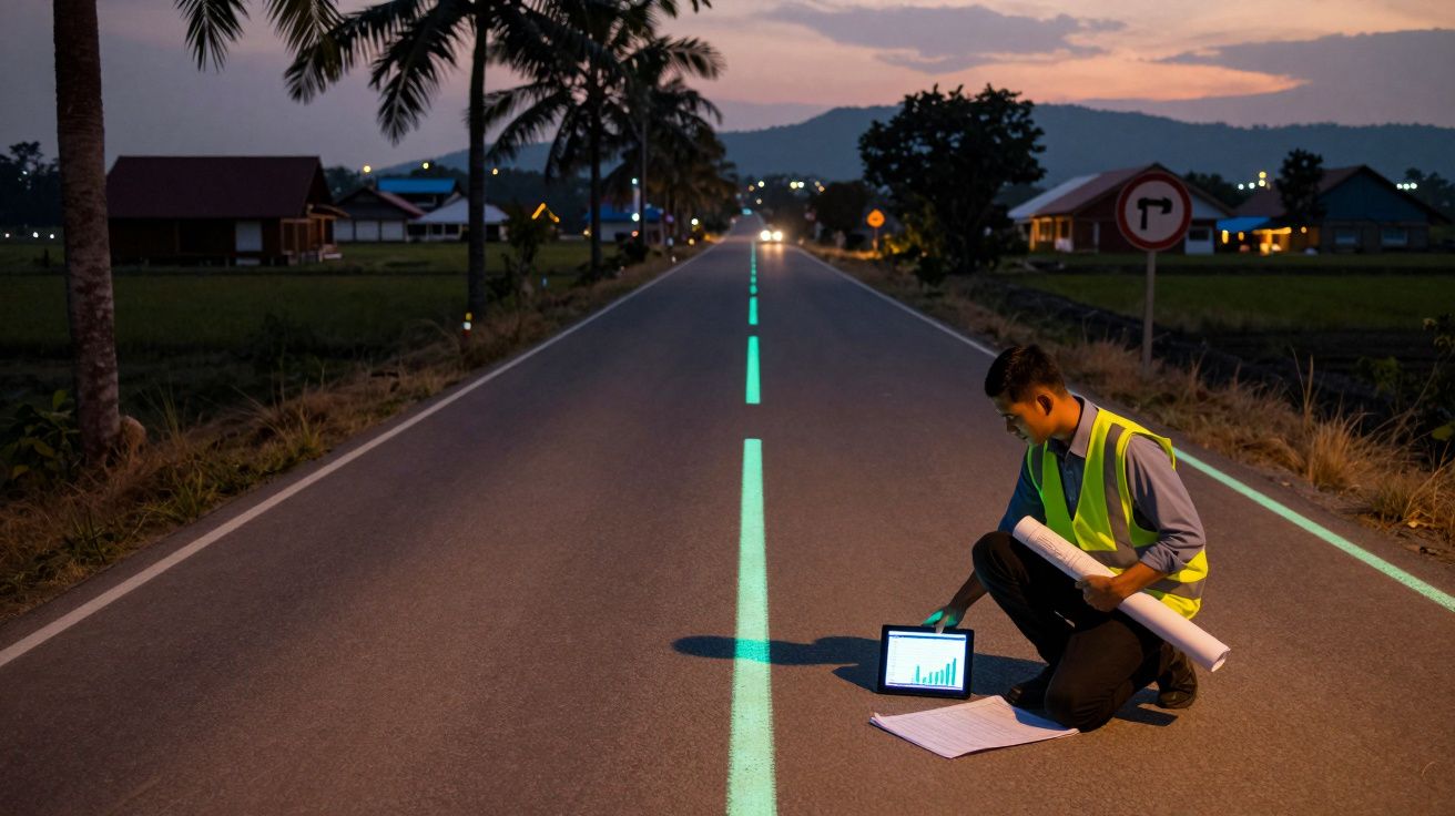 Homem com colete refletor verifica gráficos num tablet ao lado de estrada numa área rural ao entardecer.