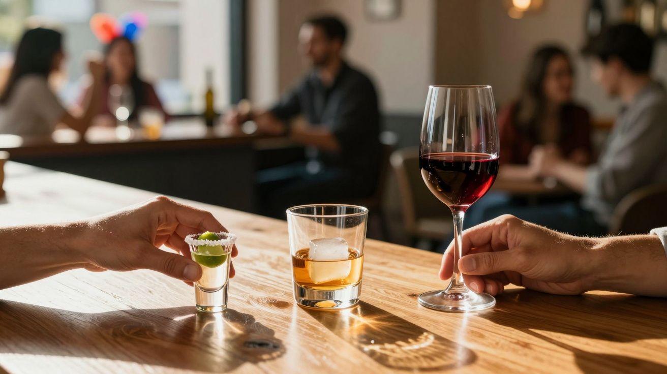 Duas pessoas seguram copos com bebidas alcoólicas numa mesa de bar, com outras pessoas ao fundo desfocadas.