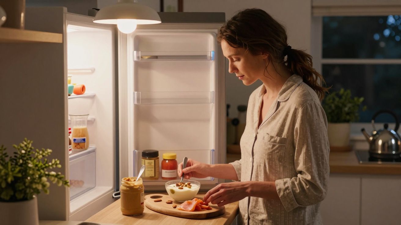 Mulher de pijama prepara lanche à noite à luz do frigorífico aberto numa cozinha moderna.