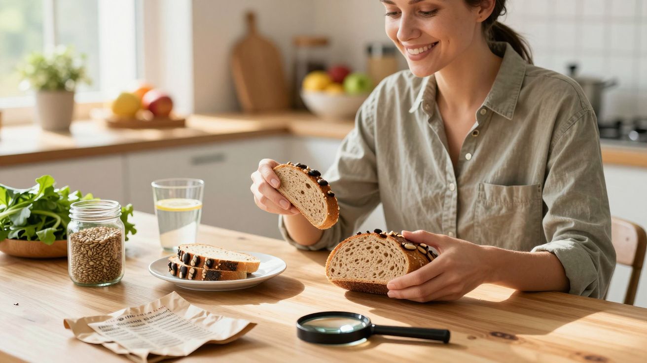 Mulher sorridente a cortar e examinar pão com sementes numa cozinha iluminada e moderna.