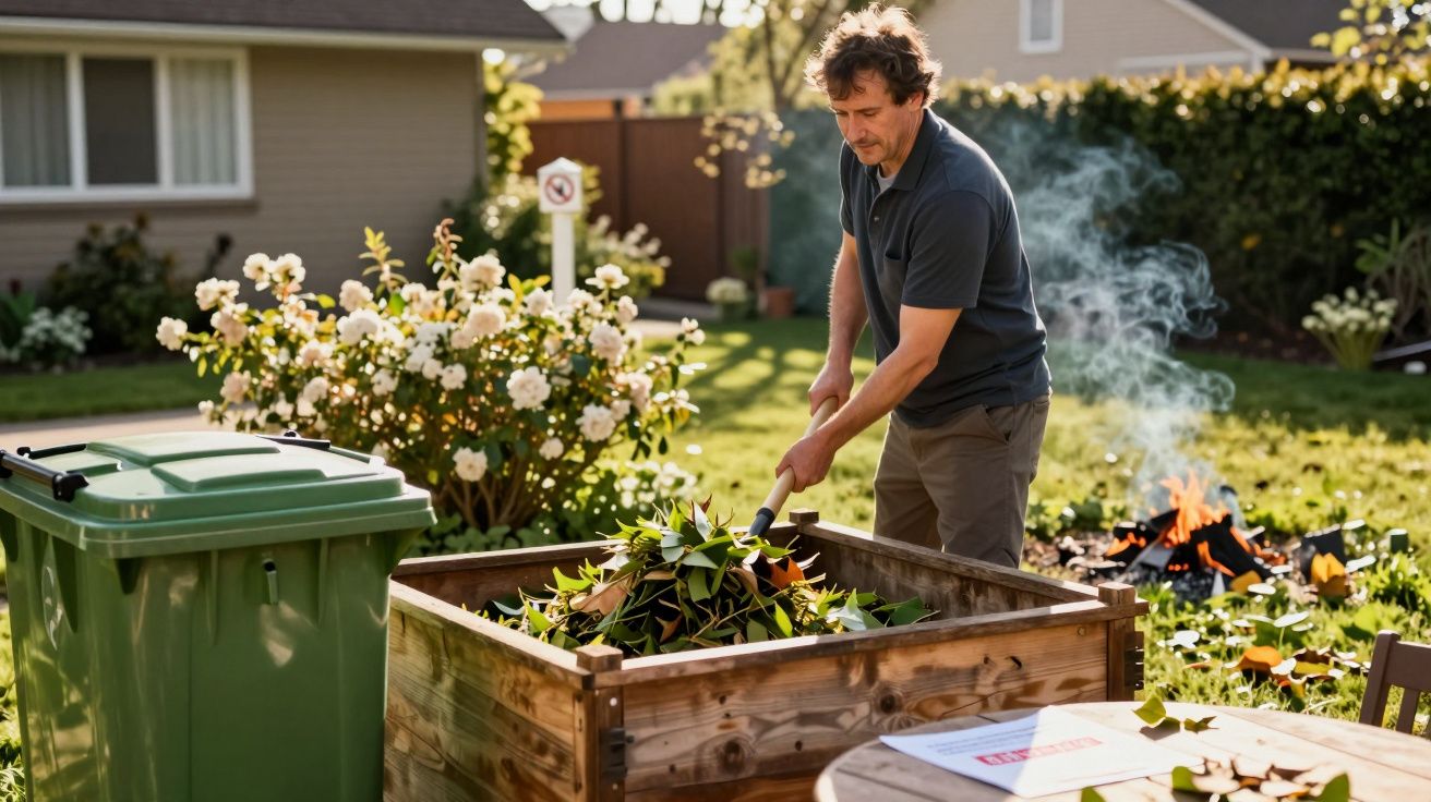 Homem a colocar folhas num contentor de compostagem no jardim de casa com fogo e fumaça ao fundo.