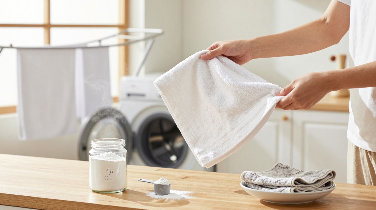 Pessoa a passar a ferro uma toalha branca numa cozinha com máquina de lavar roupa ao fundo.