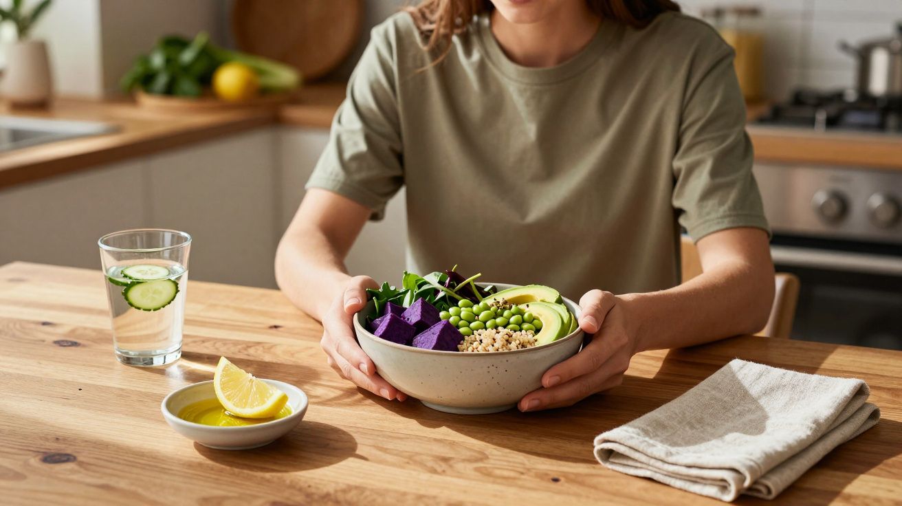 Pessoa sentada à mesa segurando tigela com salada colorida, limão e copo de água com pepino.