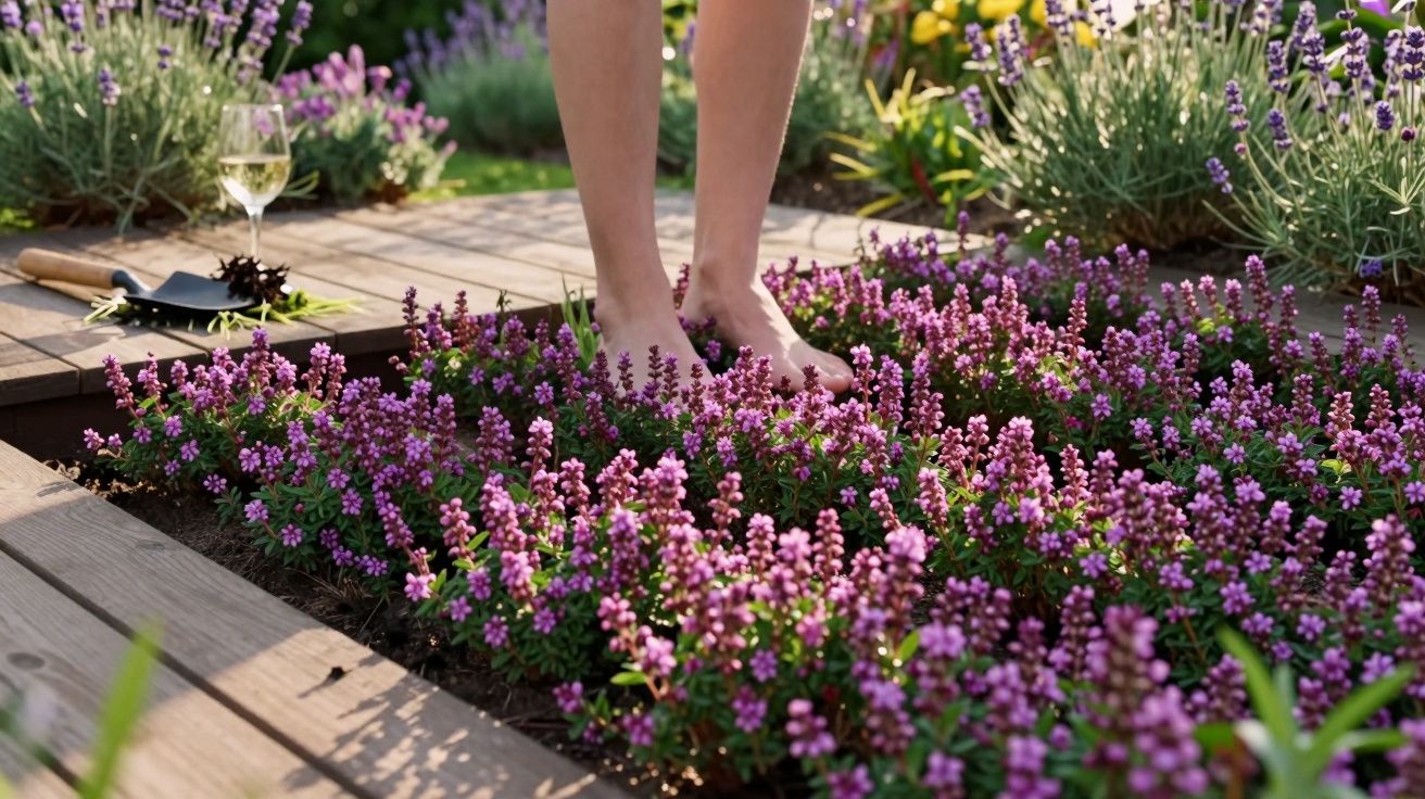 Pés descalços a tocar flores lilases num jardim com bordadura de madeira e uma taça de vinho branco.