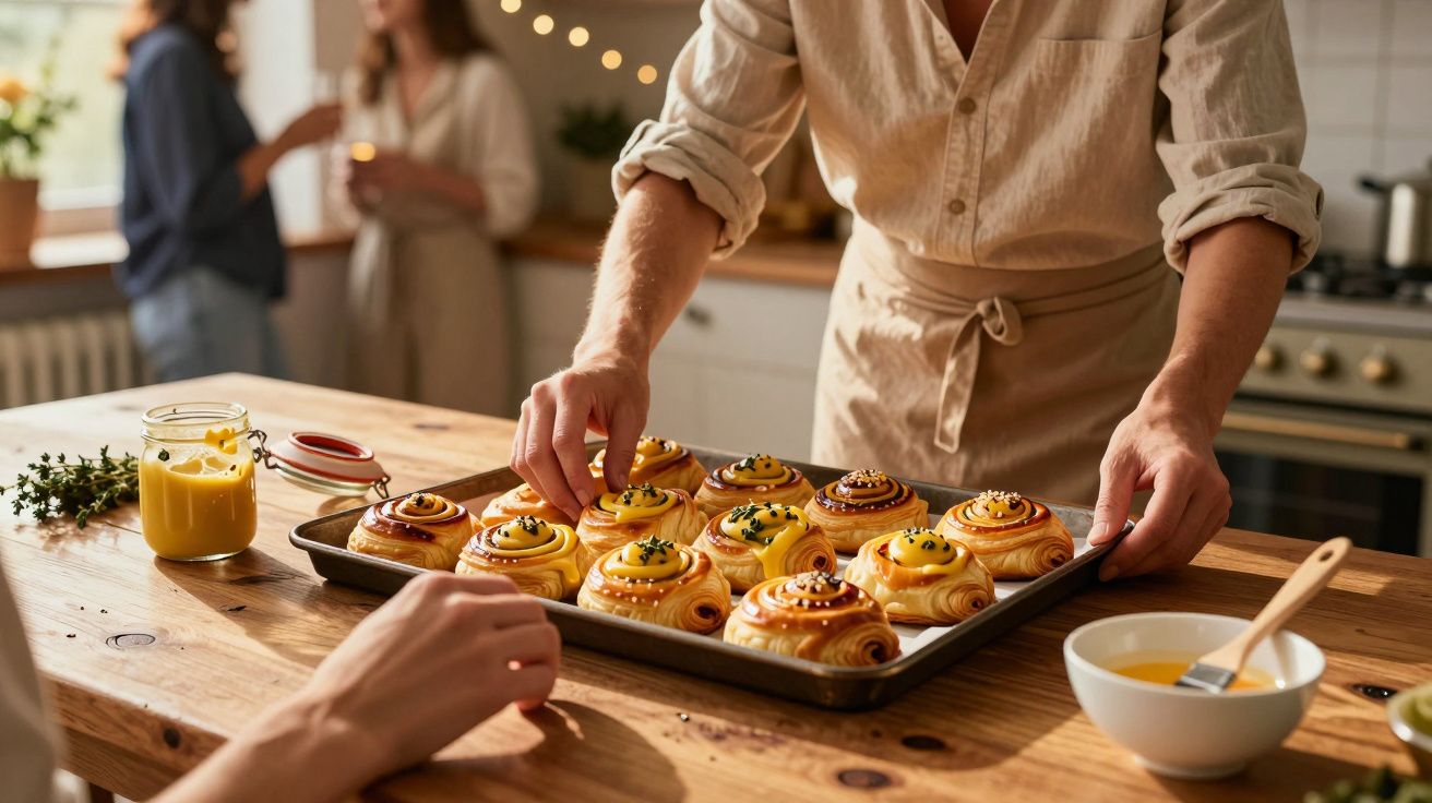 Pessoa a retirar folhados recheados de uma forma na cozinha, com outra a preparar e duas pessoas a conversar ao fundo.