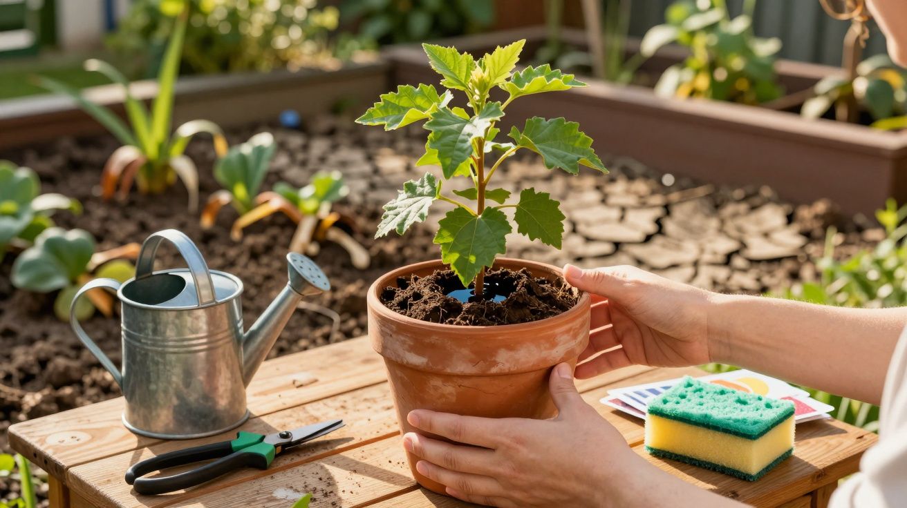 Mãos seguram vaso com planta jovem sobre mesa de jardim com regador, tesoura e esponja.