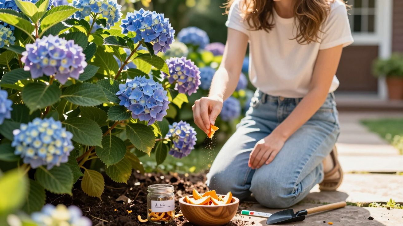 Pessoa a alimentar abelhas com fatias de laranja junto a flores de hortênsia azuis num jardim.